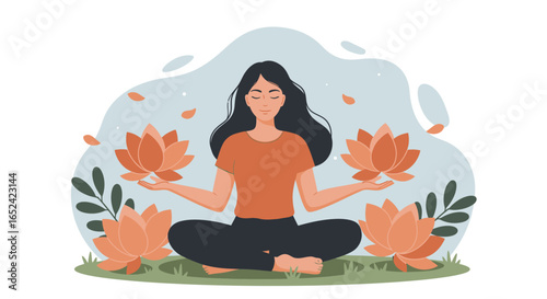 A serene woman in a meditative pose with lotus flowers, isolated on white background, representing peace, wellness, and the practice of yoga and mindfulness