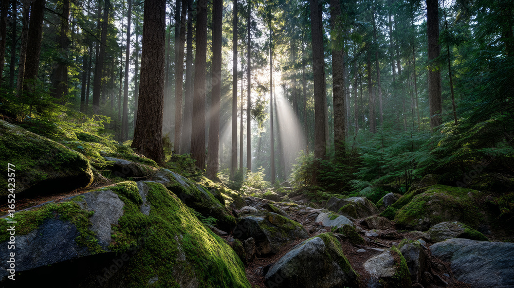 Fototapeta premium Beautiful forest background for screensaver. with sunbeams. Calm close-up of fairytale forest and nature landscape, panorama. Summer vacation, holiday, amazing nature.