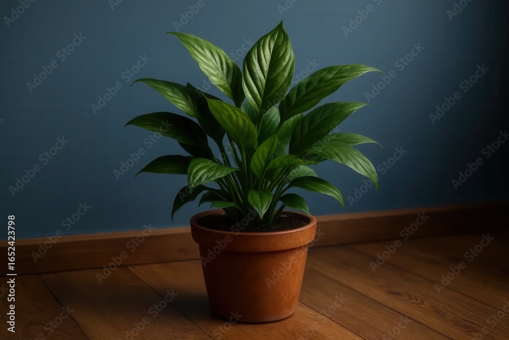 Fototapeta premium A lush green houseplant thrives on a wooden table against a calming blue wall