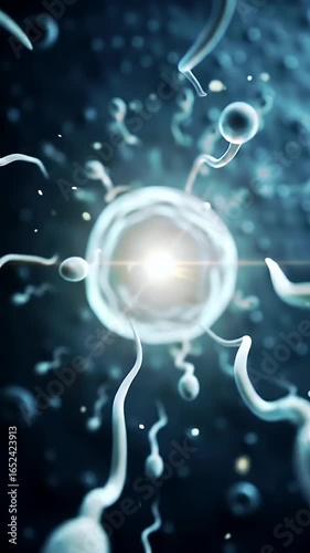 Microscopic Sperm Cells Encircle a Central Ovum in Gradient Blues and Whites with Soft Bokeh Effects