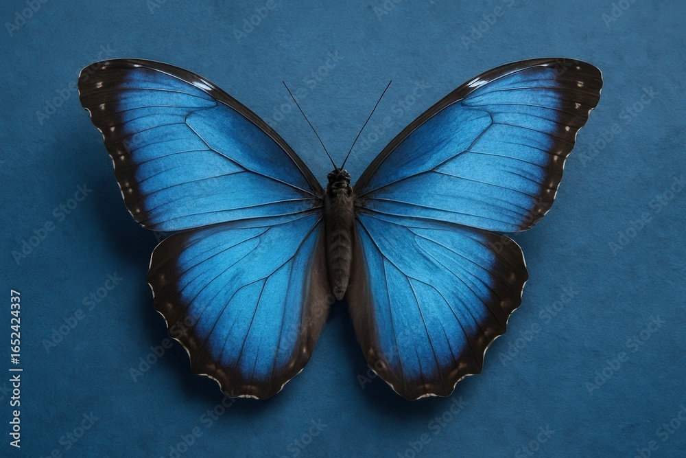 Fototapeta premium A solitary blue butterfly rests on a textured blue background, its wings spread wide in a display of natural beauty