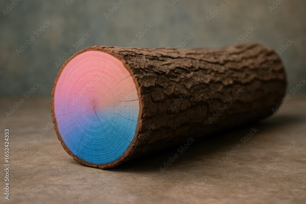 Obraz premium A wooden log adorned with a colorful, gradient-like pattern that transitions from pink at the top to blue at the bottom