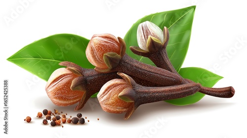 Cloves with leaves and scattered spice