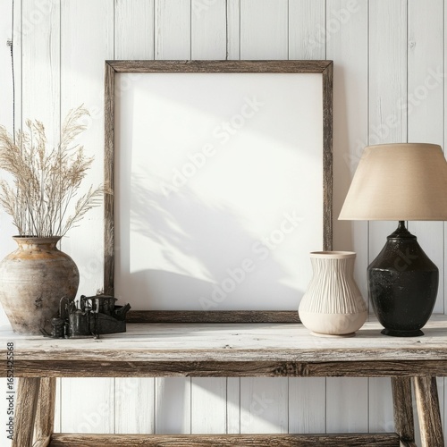 Rustic Wooden Frame Mockup On A Weathered Table With Pottery And Lamp