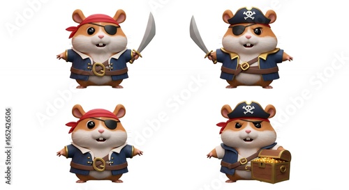 Four cartoon hamsters in pirate costumes
