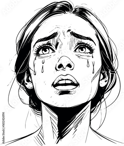 Crying woman portrait sketch. Emotional line art illustration, vector format.