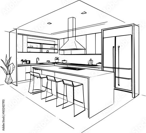 Minimalist Black Ink Sketch of Modern Kitchen Interior with Island - Architectural Line Drawing for Interior Design Projects