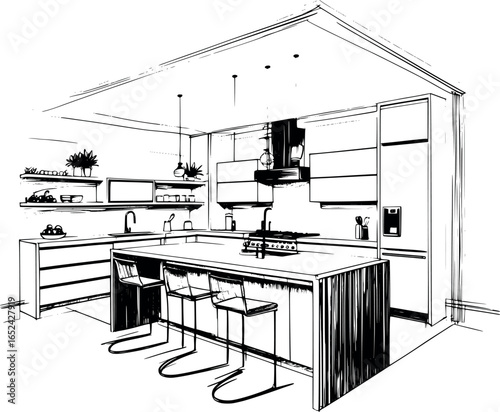 Minimalist Black Ink Sketch of Modern Kitchen Interior with Island - Architectural Line Drawing for Interior Design Projects