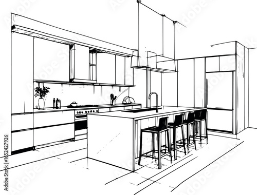 Minimalist Black Ink Sketch of Modern Kitchen Interior with Island - Architectural Line Drawing for Interior Design Projects