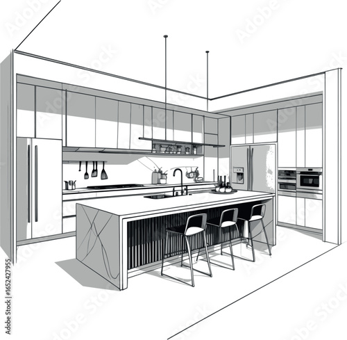 Minimalist Black Ink Sketch of Modern Kitchen Interior with Island - Architectural Line Drawing for Interior Design Projects