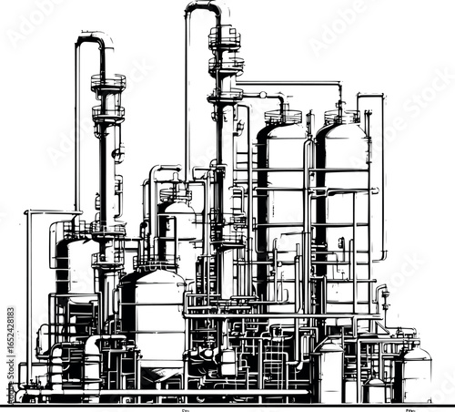 Industrial oil refinery sketch with tanks and pipes, schematic line art, isolated on white.