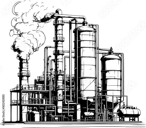 Industrial oil refinery sketch with tanks and pipes, schematic line art, isolated on white.