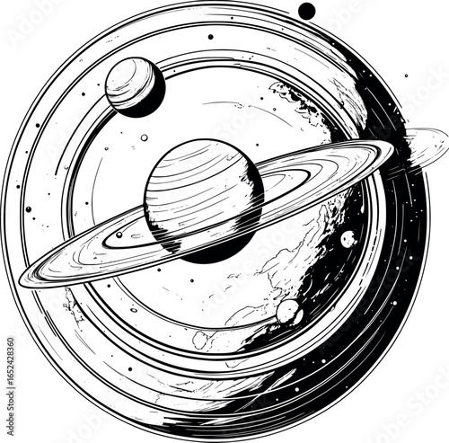 Planet And Moon Orbital Sketch. Celestial Bodies Illustration With Astronomical Drawing Style