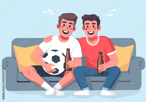 Flat illustration of two men sitting on a sofa, relaxing and cheering on a football match.