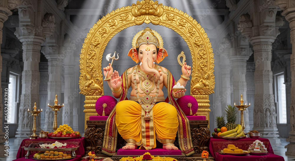 Fototapeta premium Ganesha Idol: A meticulously crafted idol of Ganesha, the Hindu deity of wisdom and new beginnings, is positioned in a resplendent temple, bathed in the heavenly glow.