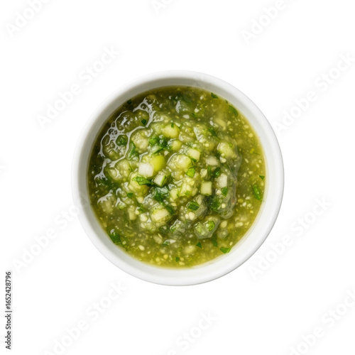 Pristine small white ceramic bowl with vibrant green salsa verde, chunky texture, diced tomatillos and cilantro, on uniform transparent background, top-down view, no shadows. Concept for food