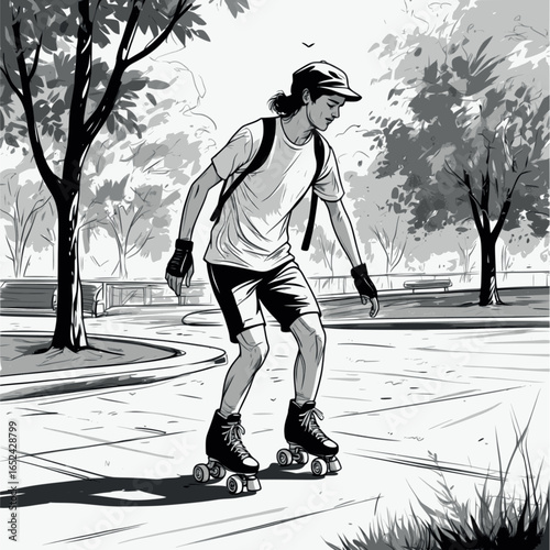 Roller skating in summer park – hand-drawn sketch vector illustration