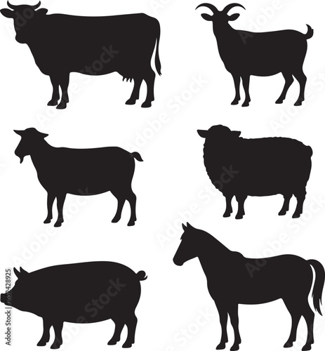 Farm Animal Silhouettes Cow Goat Sheep Pig Horse Isolated On White cow silhouette goat silhouette