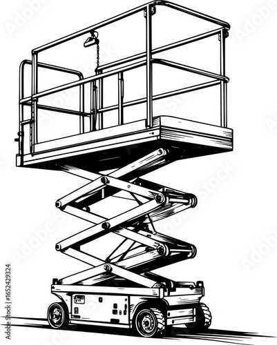 Scissor lift platform sketch with safety rails. Hand-drawn maintenance equipment vector isolated on white.