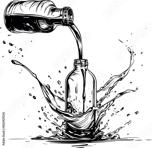 Liquid flow sketch. Minimalist vector drawing of liquid pouring with splash motion.