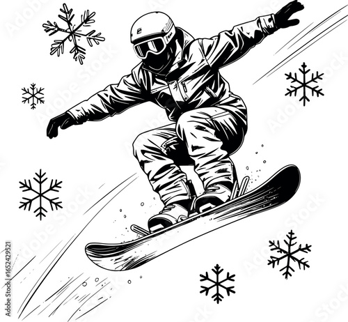 Snowboarder mid-air trick sketch. Hand-drawn winter extreme sport vector isolated on white.