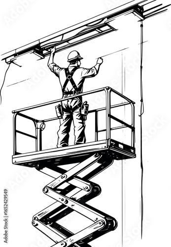 Technician on scissor lift sketch with harness. Hand-drawn elevated maintenance vector isolated on white.