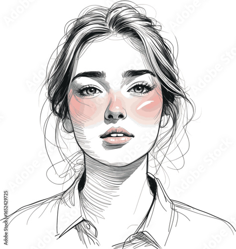 Blushing shy woman sketch. Emotional line portrait vector illustration.