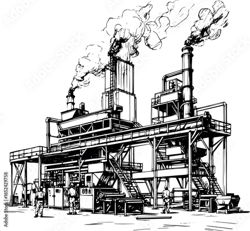 Sketch of steel plant with workers and conveyor systems, detailed industrial drawing, isolated on white.