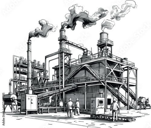 Sketch of steel plant with workers and conveyor systems, detailed industrial drawing, isolated on white.