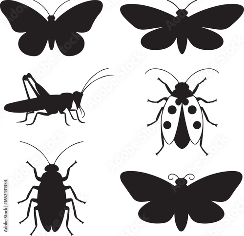 Insect silhouettes of butterflies grasshopper ladybug cockroach moth butterfly