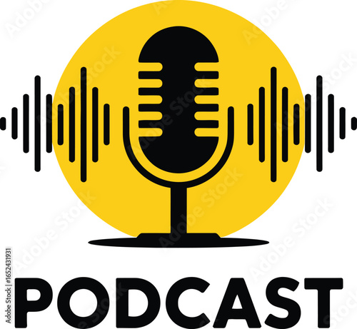 Podcast Logo Design Black Microphone with Yellow Circle and Sound Wave
