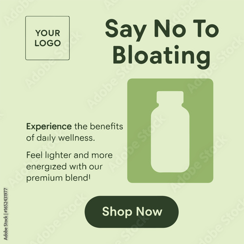 Anti-Bloating Wellness Ad – Clean Green Layout with Supplement Bottle and “Shop Now” CTA