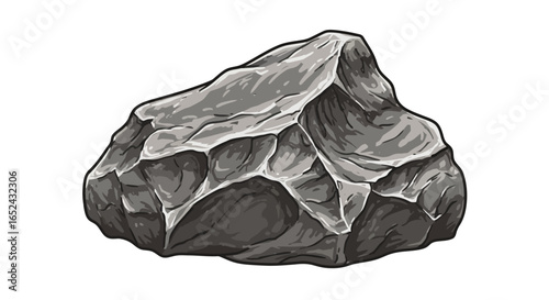 Grey rock with defined cracks and crevices outlined in lighter tones sits against a white background
