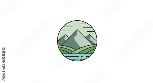 Mountainscape inside a circle featuring a lake rolling hills and peaks