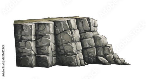 A gray blocky rock formation or cliff section drawn with a rough illustrative style standing against a white background