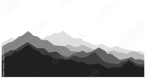 Gray mountains ranging in shades from white to dark filling most of the space