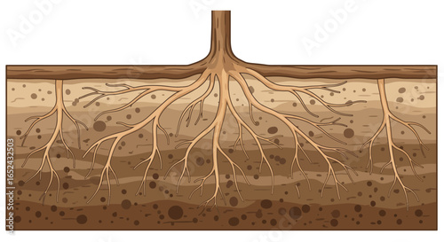 Detailed illustration of a trees roots extending deep into layered soil