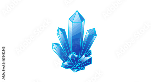 A cluster of blue crystals faceted and glowing stands on a white background