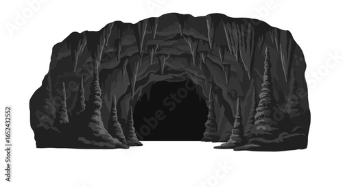 Gray cave with stalactites and stalagmites opening into darkness