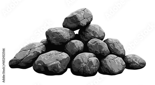 A monochrome pile of cracked rocks or boulders in varied sizes stacked together