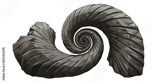 Abstract gray spiral with ridged texture possibly stone or geological formation against a white background