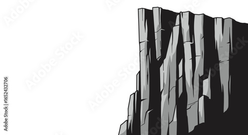 A steep jagged cliff face colored in gray tones dominates the right side contrasting with a vast white space