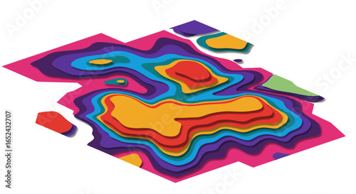 A colorful isometric topographic map with layered contours and shadows creating a threedimensional effect