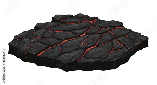 A dark gray stone platform with red cracks runs across the surface possibly representing volcanic rock or terrain