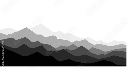 A grayscale illustration of a layered mountain range receding into the distance