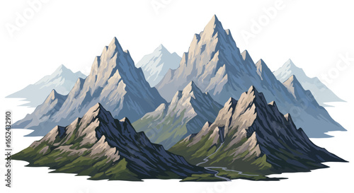 Mountain landscape illustration with jagged peaks and varying shades of blues and greens
