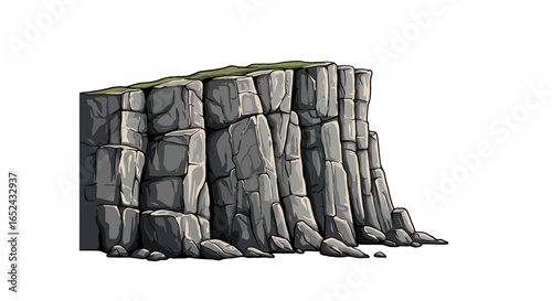 A cliff face is composed of grey columnar rock formations topped with a strip of green grass