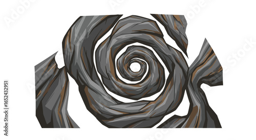 Abstract artwork a gray swirling rock formation viewed headon against a white backdrop