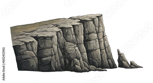 A cartoonstyle cliff with stratified rock formations and a flat top Isolated rocks rest on the ground