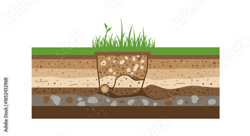 Illustrated crosssection of soil layers with a hole and grass on top
